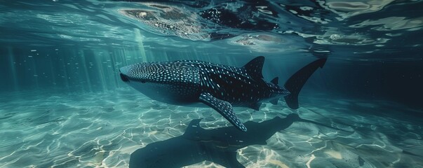 Wall Mural - Majestic whale shark cruising through crystal-clear waters, 4K hyperrealistic photo