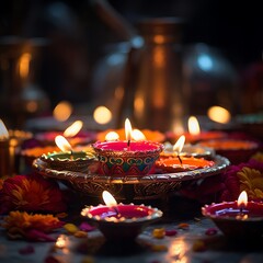 Canvas Print - illustration of Lit up Indian diya product photography sharp focus, Generative ai