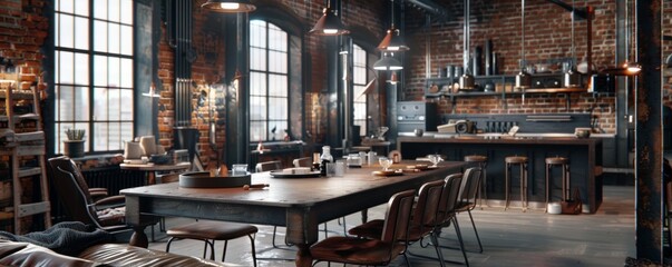 Industrial dining room with a metal table, leather chairs, and exposed brick walls, 4K hyperrealistic photo