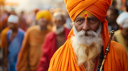 A person dressed in traditional clothing walks in a religious procession with a group.