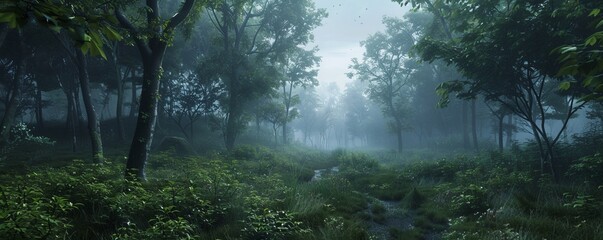 Sticker - Foggy morning in a lush forest, 4K hyperrealistic photo