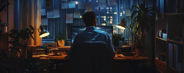 Wall Mural - Entrepreneur working late into the night in a home office, 4K hyperrealistic photo