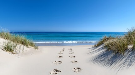 Wall Mural - a sandy beach path with footprints leading towards a distant horizon and copy space in the foregroun