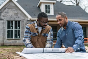 Two men reviewing construction blueprints on site, discussing architectural plans in front of a partially constructed house.