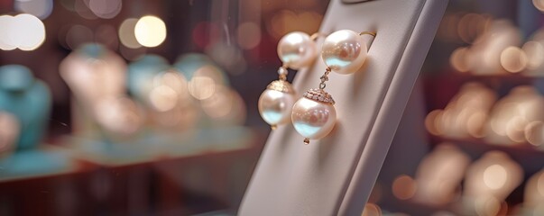 Wall Mural - Elegant pearl earrings on a display, 4K hyperrealistic photo