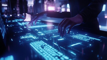 Developers brainstorming with holographic keyboards, scifi, cool tones, 3D rendering, futuristic office environment