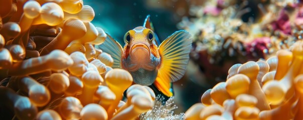 Wall Mural - Colorful blenny fish peeking from coral, 4K hyperrealistic photo