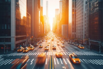 A bustling New York City street captured during the golden hour, with yellow taxis moving through the traffic and the tall buildings reflecting the warm light. The scene is dynamic and full of urban e