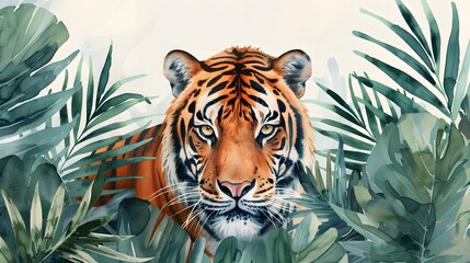 A tiger is walking through a jungle with green leaves and tall grass