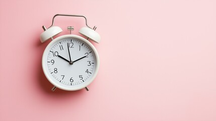 An alarm clock on a pastel pink background.