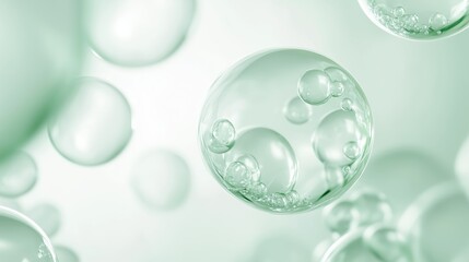 Wall Mural - A close up of bubbles and drops, on a green background.