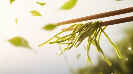 Wall Mural - Wooden chopsticks holding green soba noodles, with floating green leaves.