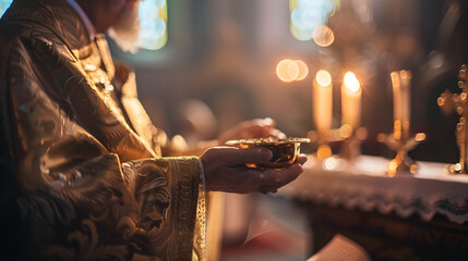 Worshipper receiving blessings from religious leader during sacred ceremony in spiritual setting.