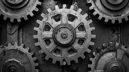 Aufkleber - Close-up view of interlocking metal gears forming a complex mechanism in monochrome