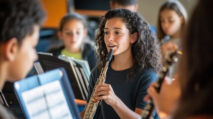 A vibrant music class where students are playing instruments, singing, and learning about music theory, with sheet music, instruments, and an engaging instructor, emphasizing the joy of musical