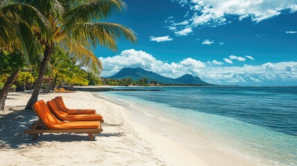 Poster - Exotic beach with sunbeds inviting tourists enjoying summer vacation