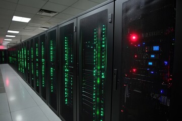 Poster - Modern supercomputer running calculations with glowing red lights