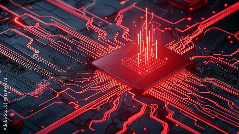 Futuristic digital circuit with vibrant red lines and a glowing ...