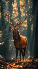 Poster - Majestic Stag in Misty Autumn Forest Sunlit Antlers