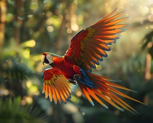 Canvas Print - Majestic Macaw in Dynamic Flight Through Vibrant Rainforest Canopy