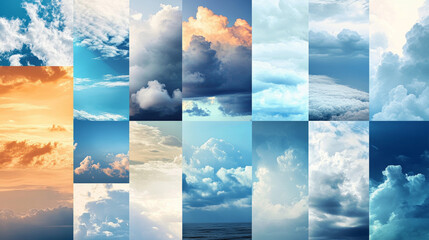Wall Mural - Visually captivating collage banner featuring stunning photographs of the sky under various weather conditions.