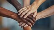 © LuvTK - A detailed image of various hands from different ethnic backgrounds stacked together in the center, representing unity and teamwork, captured with a macro lens to show skin textures and details,