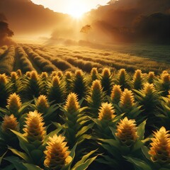 Wall Mural - A field of ginger plants with the sun shining on them. The plants are yellow and green.