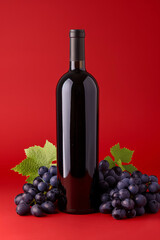 Bottle of red wine with grapes on red background. Copy space.