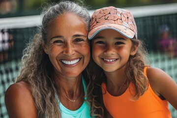 An older mother with grey hair and her young daughter, both smiling warmly and enjoying their time together at the tennis court, dressed in vivid sportswear and caps.