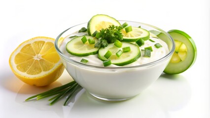 Wall Mural - Fresh and healthy yogurt parfait with thinly sliced green onion, refreshing cucumber, and a squeeze of lemon, artfully arranged in a bowl on a white background.