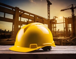 Banner Construction Site With Yellow Hard Hat Positioned on Wooden Planks in Urban