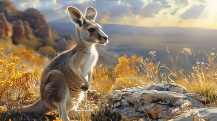 A kangaroo is standing in a field of yellow grass