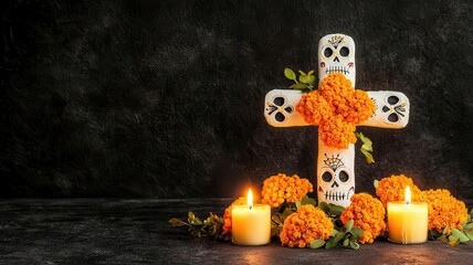 Traditional Day of the Dead marigold cross with lit candles, honoring the departed