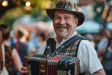 Wall Mural - A jovial Bavarian gentleman in lederhosen plays the accordion amidst Oktoberfests lively atmosphere the scene awash with festive colors