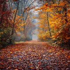 Sticker - Inviting Autumn Pathway Through Lush Forest Landscape