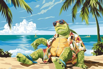 Wall Mural - A stylish turtle relaxes on a stunning Hawaiian beach, soaking up the sun in its colorful attire. The perfect tropical getaway!