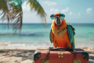 Wall Mural - A colorful parrot relaxes on the beach, enjoying the warm sun and cool vibes. Its trendy sunglasses and suitcase add to its carefree persona.