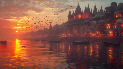 varanasi city with ancient architecture. view of the holy manikarnika ghat at varanasi india at suns