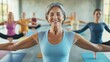 © keetazalay - A serene adult learning environment where a group of middle-aged friends is enthusiastically participating in a yoga class, their mats spread out in a spacious room, the instructor guiding them