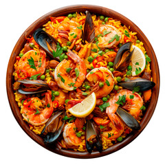 Wall Mural - Paella with different types of seafood isolated on white or transparent background. Close-up of paella with seafood in a wooden plate. Traditional spanish dish. Top view.