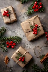 Wall Mural - Holiday Surprise: Flat Lay of Wrapped Xmas Present with Red Ribbon, Clean Design