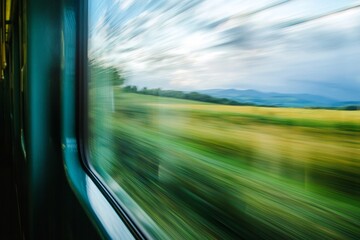 Wall Mural - A window on a train, capturing the blur of passing countryside landscapes. 