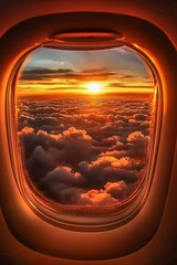 Wall Mural - A window on an airplane, looking out at a vibrant sunset above the clouds. 