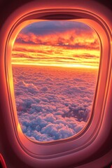 Wall Mural - A window on an airplane, looking out at a vibrant sunset above the clouds. 