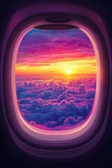 Wall Mural - A window on an airplane, looking out at a vibrant sunset above the clouds. 