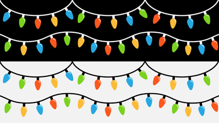 Wall Mural - Christmas lights set. Lightbulb glowing garland line. Colorful rainbow string fairy light. Cute cartoon holiday festive xmas decoration. Different shape. Flat design. Black White background. Vector