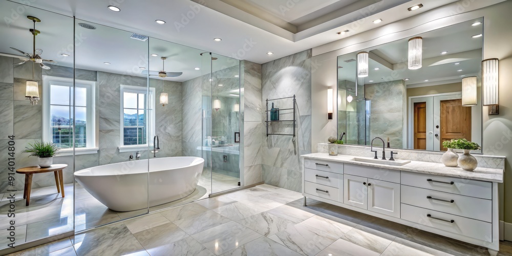 Luxurious modern white marble bathroom features freestanding tub ...