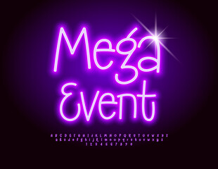 Wall Mural - Vector neon logo Mega Event. Violet Glowing Font. Modern Alphabet Letters and Numbers set.