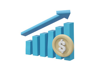 Canvas Print - 3D illustration showing a graph icon with an up arrow, a clock, and a dollar coin. It symbolizes the relationship between financial growth and time management isolated on a transparent background.