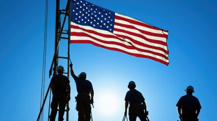 a powerful image of an american flag waving proudly against a clear blue sky, with a group of worker